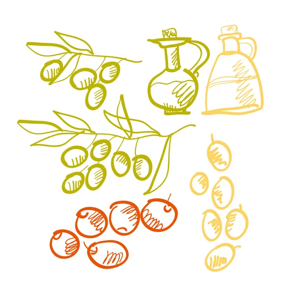 Olive oil sketch set. vector design of italian food icon set. ha — Stock Vector