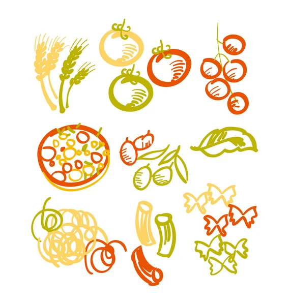 Diseño vectorial del conjunto de iconos de comida italiana. pasta dibujada a mano y piz — Vector de stock