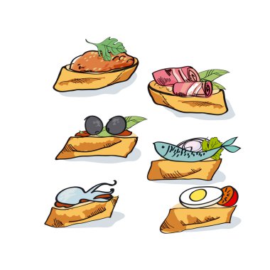 tapas vektör çizim kroki. Lokanta Yemek kavramı. aperatifler