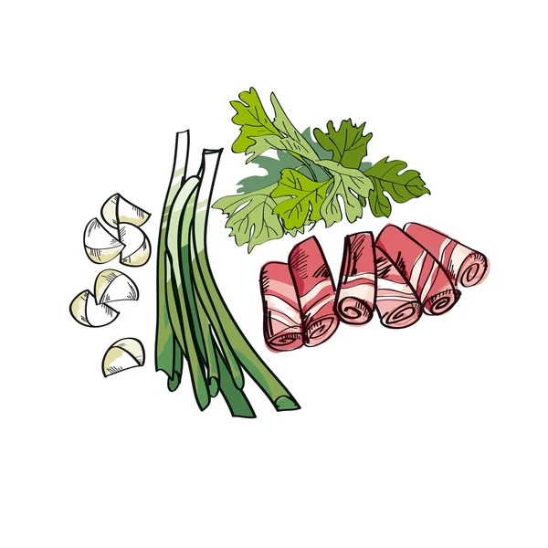 Tocino, perejil, cebolla y ajo. espacios de comida. bosquejo vector mal — Vector de stock