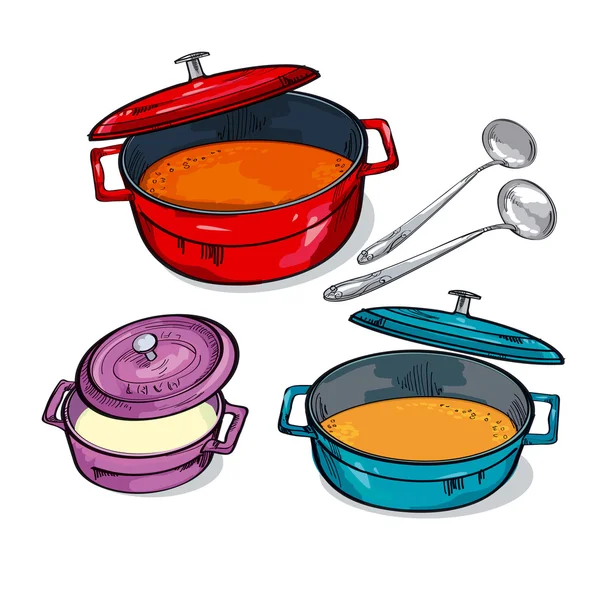 Poêle à soupe colorée assortie. croquis illustration vectorielle . — Image vectorielle