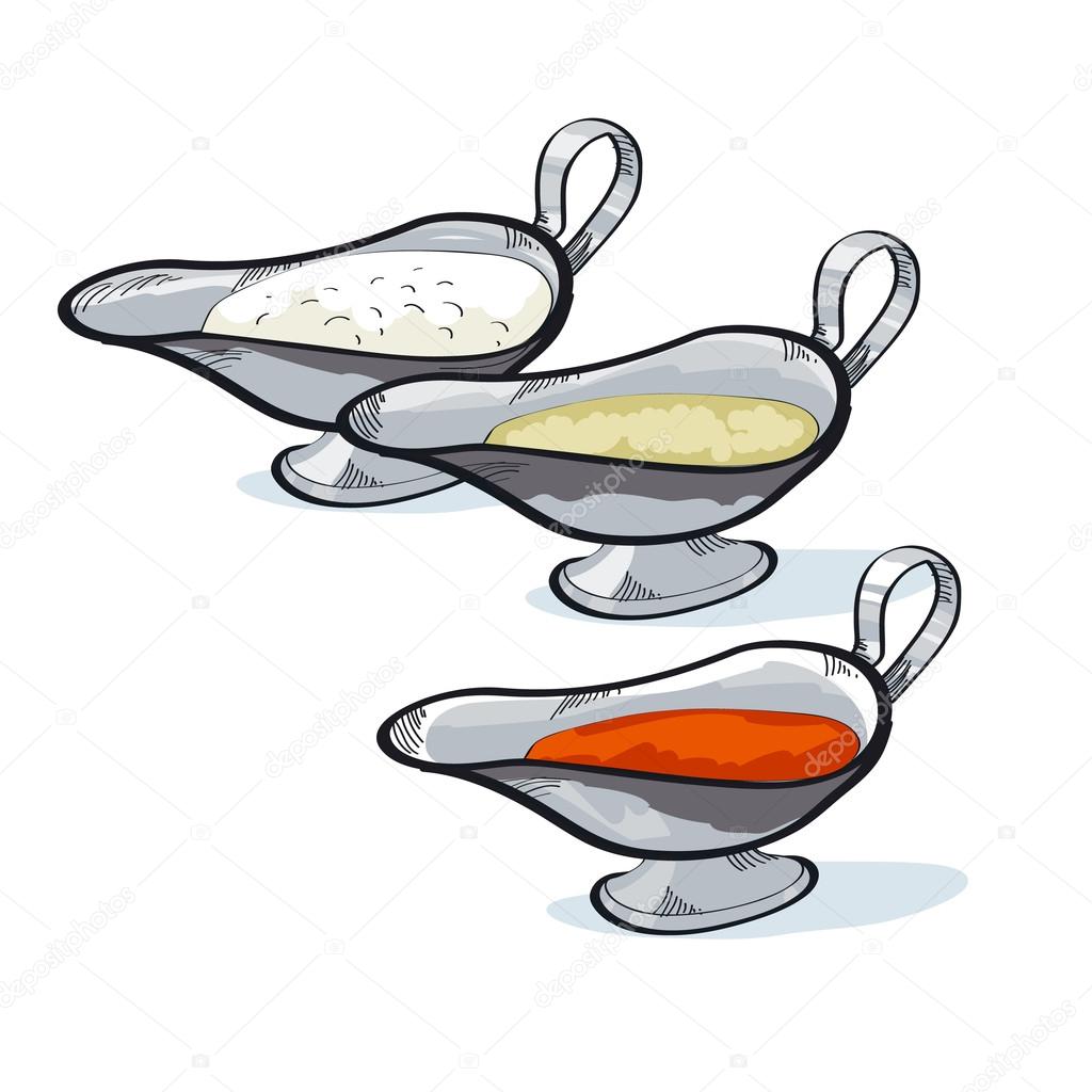 Sauce in a gravy boat to choose. seasoning sketch vector illustration.