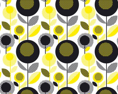 siyah ve sarı dokulu 60s çiçek retro desenli. geometri Aralık