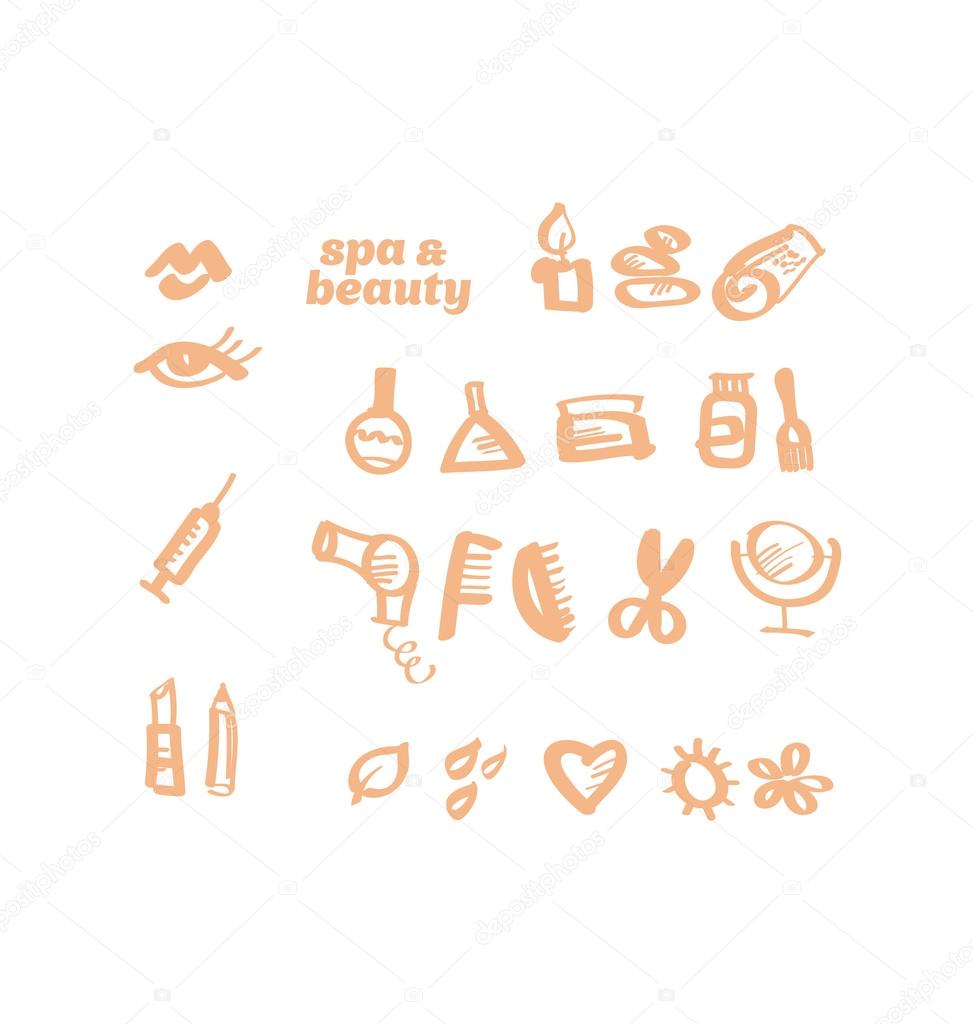 sketch beauty style icons set. feminine hand drawn symbols of st
