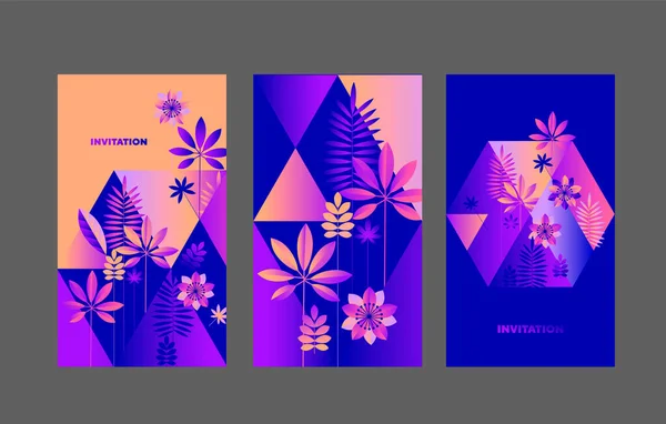 Social Media Poster Set Rgb Neon Colors Abstract Tropical Flowers — Stock Vector