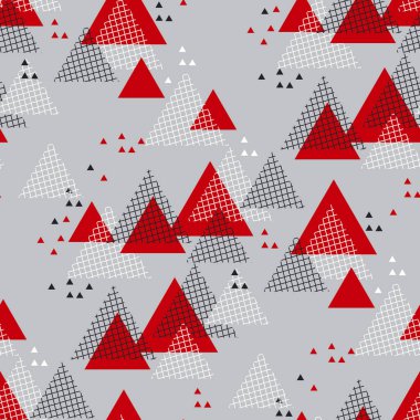 Soyut üçgen ok geometrisi arka plan, spor kumaşı, tekstil, ambalaj, yüzey, fitness ağı ve baskı tasarımı için dikişsiz desen. Kırmızı ve gri dinamik yüzey tasarımı uyumluluğu.