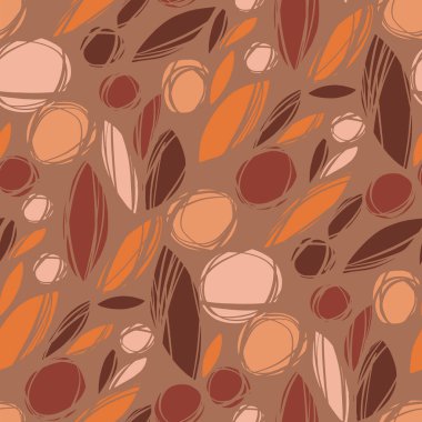 Döküntü renkli sonbahar yaprakları. Turuncu, kahverengi ve pembe renklerde kusursuz bir arka plan ve soyut el yapımı yapraklar. Kumaş, tekstil, paket, ağ ve yazdırma için vektör düşen yapraklar motifi.