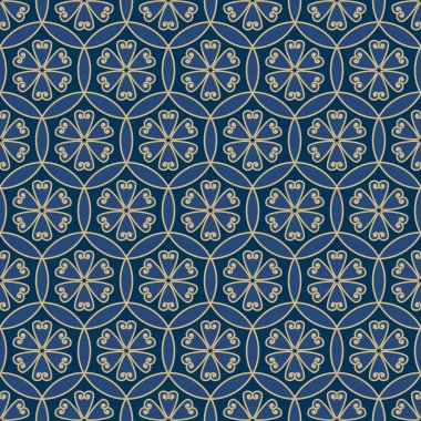 Arka plan, kumaş, tekstil, ambalaj, yüzey, ağ ve parmak izi tasarımı için klasik mavi ve altın renkli geometrik kusursuz desen. Soyut dekoratif çiçeklerle tekstil vektör yakınlığı