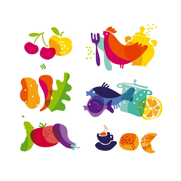 Coloridos Alimentos Productos Iconos Silueta Pictograma Conjunto Elemento Diseño Para — Vector de stock