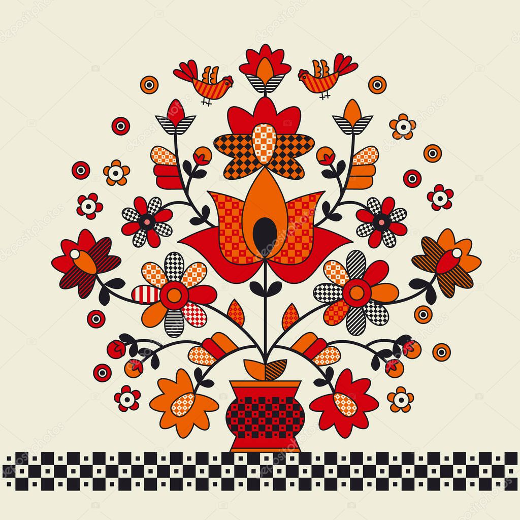 Classic red and black Ukrainian folk embroidery motif. Vector seamless pattern for background, fabric, textile, wrap, surface, web and print design. Modern decorative flowers.