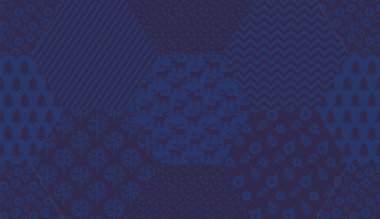 Arka plan, kumaş, tekstil, ambalaj, yüzey, ağ ve baskı tasarımı için noel geometrik koyu mavi yamalı desen. Tekstil ve yüzey tasarımı için kışın vektör arkaplanı.