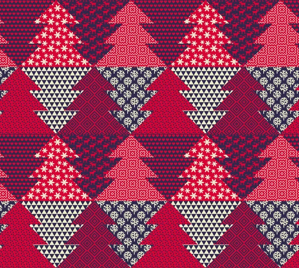 ファブリック テキスタイル ラップ ウェブやプリントデザインのためのクリスマスツリー楽しいパッチワークシームレスパターン テキスタイルや表面デザインのための冬のベクトル幾何学的背景グラフ — ストックベクタ