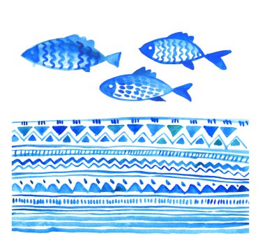 sea fish watercolor illustration. blue water hand drawn image.