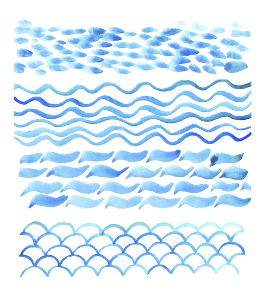 Ozean und Meer Textur eingestellt. Meer Aquarell Illustration. Blaues Wasser handgezeichnetes Bild. — Stockfoto