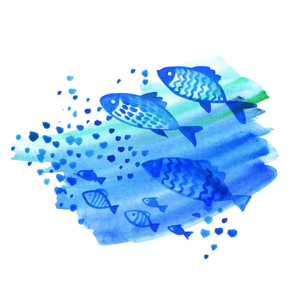 Fische im Meer Illustration. Meer Aquarell Illustration. Blaues Wasser handgezeichnetes Bild. — Stockfoto