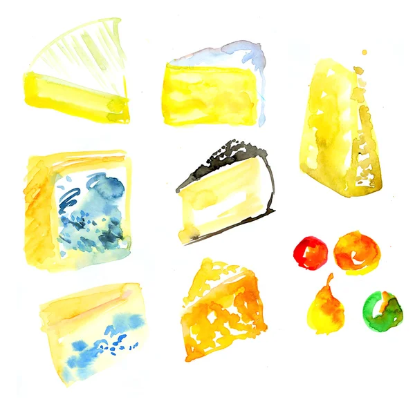 Assorted cheese and Mostarda watercolor illustration — Stock Photo, Image