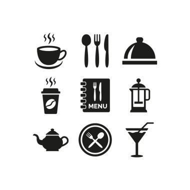 Restoran ve kafe simgeleri beyaz arka planda. Vektör illüstrasyonu