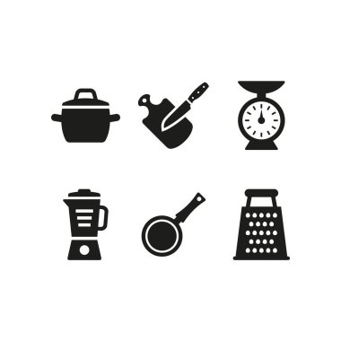 Mutfak ve yemek ikonları beyaz arka planda. Vektör illüstrasyonu