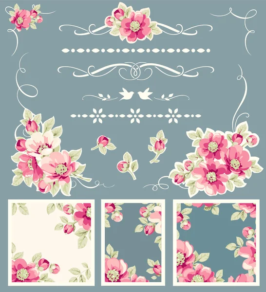 Conjunto de elementos caligráficos decorativos y flores — Vector de stock