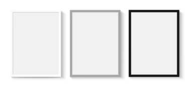 İç tasarım için gri duvarda gölgesi olan beyaz, gri ve siyah çerçeveler. Vektör stok illüstrasyonu.