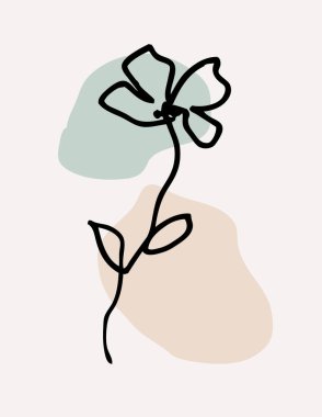 One line drawing. Beautiful field flower with leaves. Hand drawn sketch. Vector illustration.	