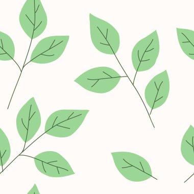 Seamless pattern with decorative green twigs and leaf silhouette. Vector stock illustration.	