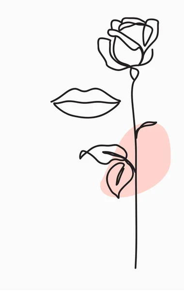 One line drawing. Abstract woman lips and garden rose with long stem and leaves. Hand drawn sketch. Vector minimalist stock illustration.	