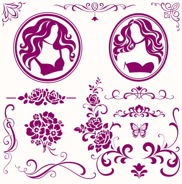 Iconos femeninos y elementos florales — Vector de stock