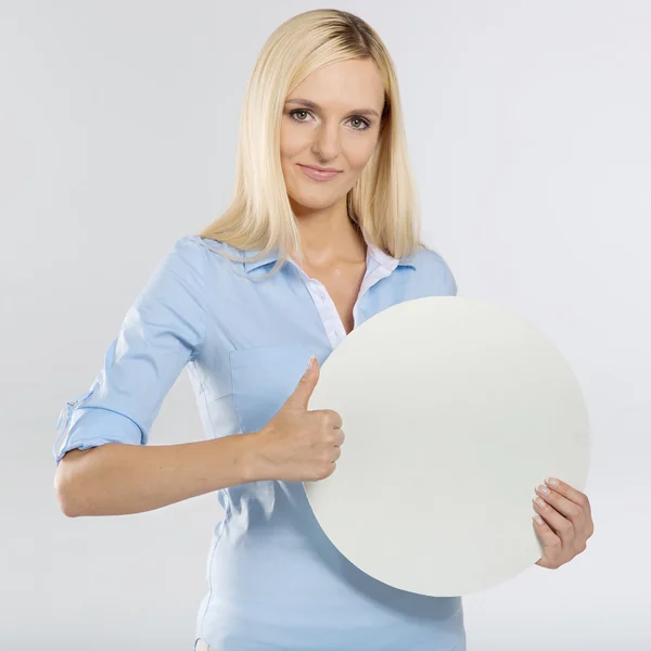 Woman with blank board and showing thumb up sign — Stock Photo, Image