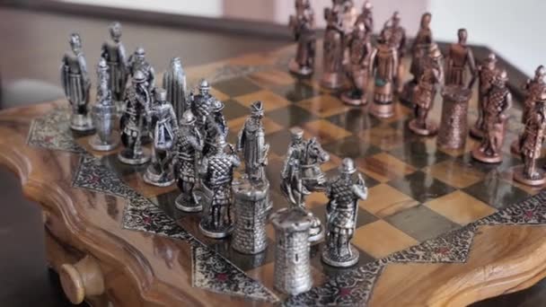 Lacquered chessboard with metal pieces — Stock Video