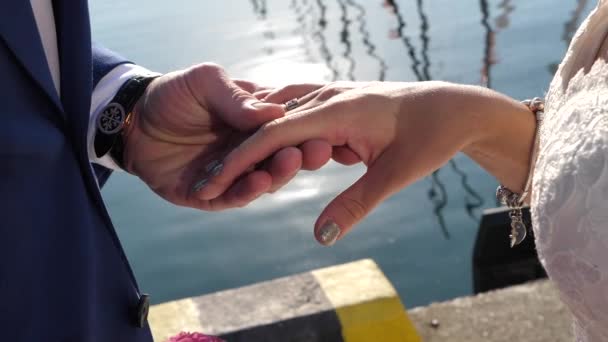 Молодята стоять біля моря і тримають руки один до одного — стокове відео