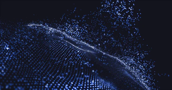 Wave of particles. Data technology abstract futuristic illustration. Low poly shape with connecting dots on dark background. 3D rendering. Big data visualization. Futuristic blue dots background — Stock Photo, Image