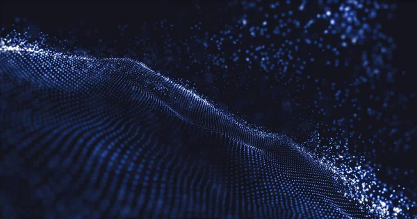 Wave of particles. Data technology abstract futuristic illustration. Low poly shape with connecting dots on dark background. 3D rendering. Big data visualization. Futuristic blue dots background — Stock Photo, Image