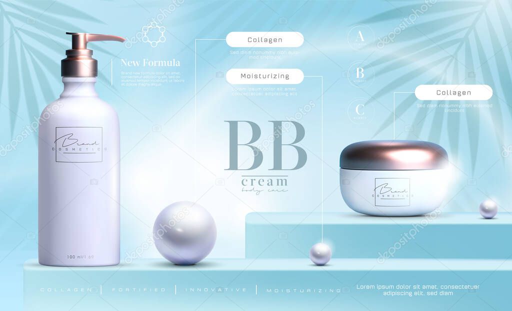 Elegant cosmetic products set background. Vector Premium cream jar for skin care products. Luxury facial cream. Cosmetic ads flyer or banner design. Cosmetic poster template. Make up products brand