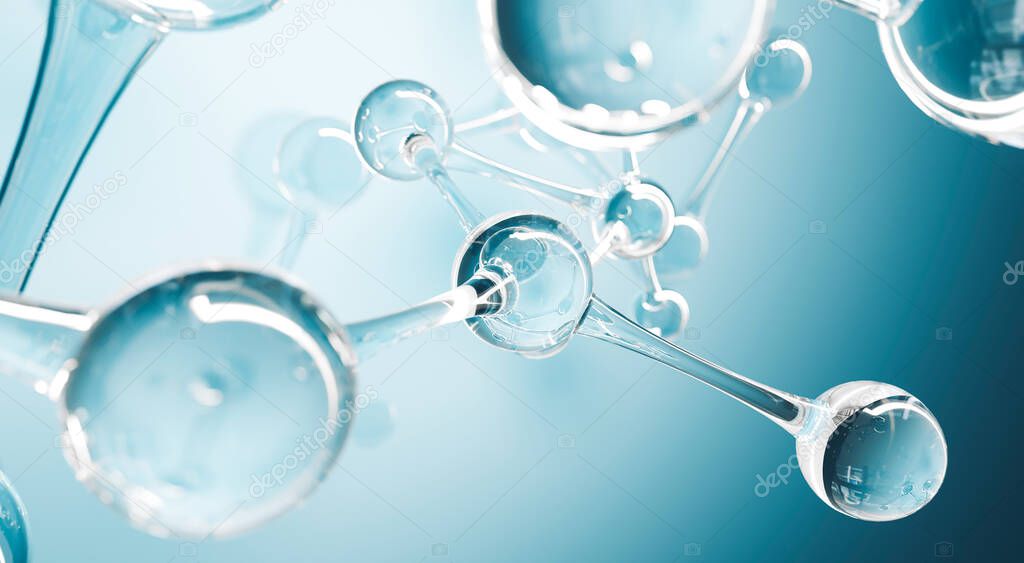 Abstract water molecules design. Atoms formula. Abstract dna background for chemistry science banner or flyer. Science or medical background. 3d rendering illustration