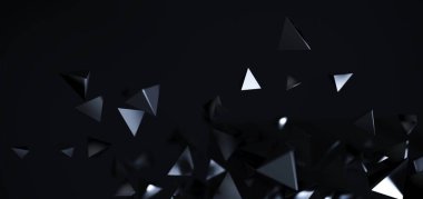 Soyut parçacıklar 3d siyah arkaplan. Karanlık uzayda çokgen küreler uçuyor. Fütürist tasarım. Poster ya da broşür arka planı. 3B görüntüleme.
