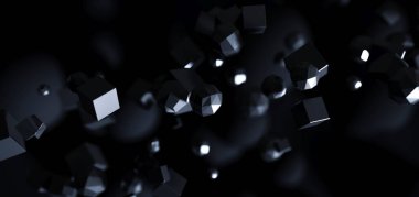 Soyut parçacıklar 3d siyah arkaplan. Karanlık uzayda çokgen küreler uçuyor. Fütürist tasarım. Poster ya da broşür arka planı. 3B görüntüleme.