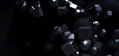 Soyut parçacıklar 3d siyah arkaplan. Karanlık uzayda çokgen küreler uçuyor. Fütürist tasarım. Poster ya da broşür arka planı. 3B görüntüleme.