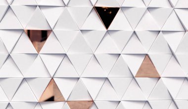 Beyaz ve altın üçgenli soyut üçgen arka plan. Geometrik 3d oluşturma.