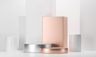 3D, altın elementlerle podyum geometrisi çiziyor. Soyut geometrik şekil boş podyum. Ürün sunumu için sahne. Boş vitrin, kaidesel platform görüntüsü.