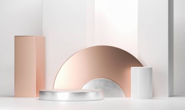 3D, altın elementlerle podyum geometrisi çiziyor. Soyut geometrik şekil boş podyum. Ürün sunumu için sahne. Boş vitrin, kaidesel platform görüntüsü.