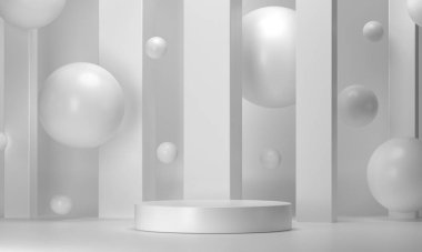 3D, altın elementlerle podyum geometrisi çiziyor. Soyut geometrik şekil boş podyum. Ürün sunumu için sahne. Boş vitrin, kaidesel platform görüntüsü.