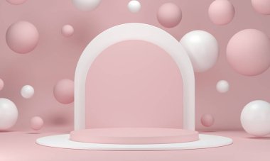 3D, altın elementlerle podyum geometrisi çiziyor. Soyut geometrik şekil boş podyum. Ürün sunumu için sahne. Boş vitrin, kaidesel platform görüntüsü.