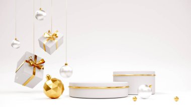 Kürsüyle, Noel ağacıyla ve hediyelerle mutlu yıllar. 3B görüntüleme