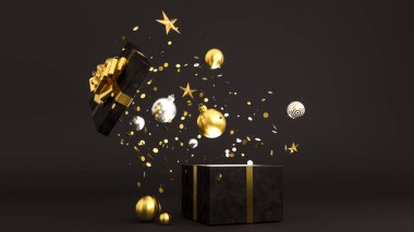 Lüks siyah hediye kutusu açıldı. Mutlu yıllar ya da hediyeli Noel kutuları, bayram kutlaması aksesuarları. Altın kurdeleli parlak bir kutu, 3 boyutlu.
