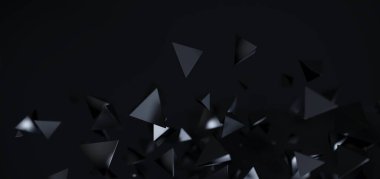 Üç boyutlu parçacıklara sahip soyut siyah arkaplan. Karanlık uzayda uçan çokgen küreler ve nesneler, geleceksel tasarım.