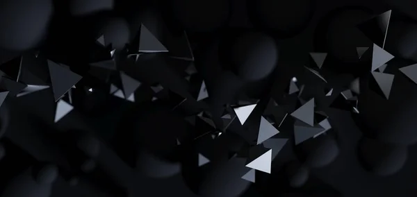 Абстрактний чорний фон з 3D частинками. Літаючі багатокутні сфери та об'єкти в темному просторі, футуристичний дизайн . — стокове фото