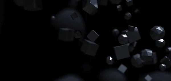 Абстрактний чорний фон з 3D частинками. Літаючі багатокутні сфери та об'єкти в темному просторі, футуристичний дизайн . — стокове фото