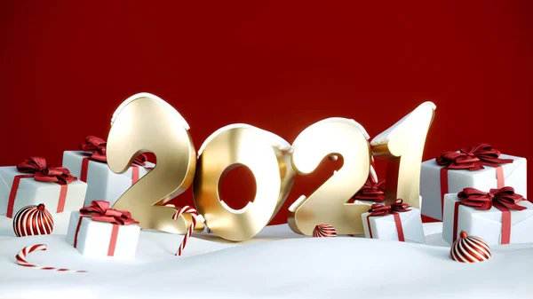 2021 Gelukkig Nieuwjaar of Kerstmis rode achtergrond met geschenkdozen en sneeuw. Present dozen met rood lint strik, 3d rendering — Stockfoto