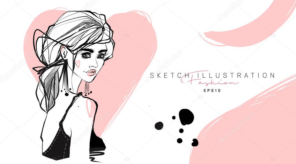 Fashion girl hand drawn. Sketch woman. Stylish girl look.